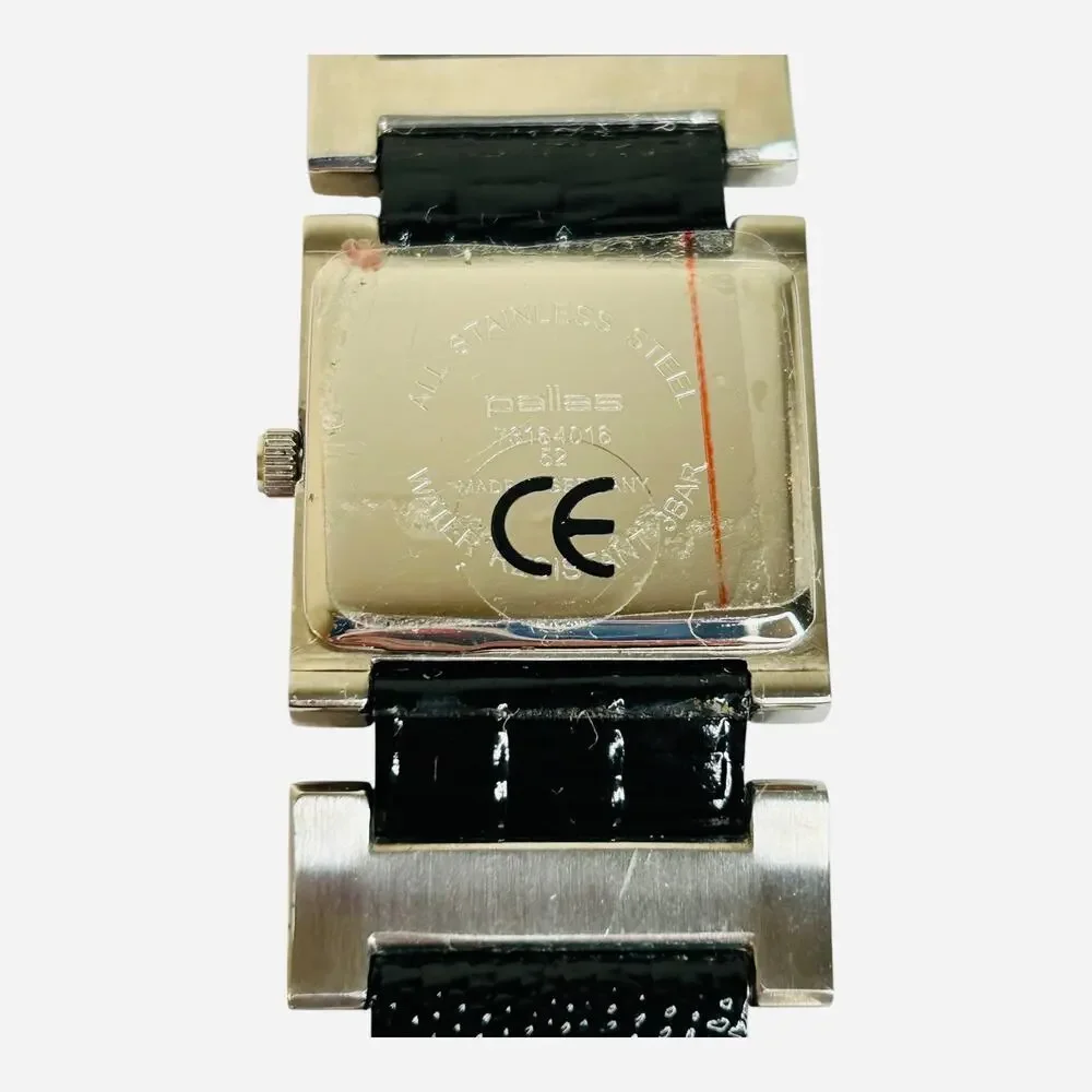 Pallas Watch Made in Germany Silver Tone Bezel Accents Face Black Leather Band